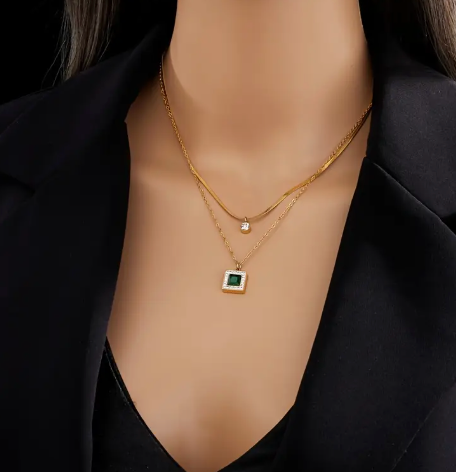 Amber - Dubbele ketting - Smaragdgroen