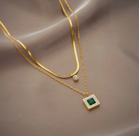 Amber - Dubbele ketting - Smaragdgroen