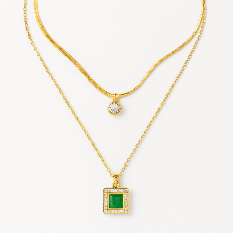 Amber - Dubbele ketting - Smaragdgroen